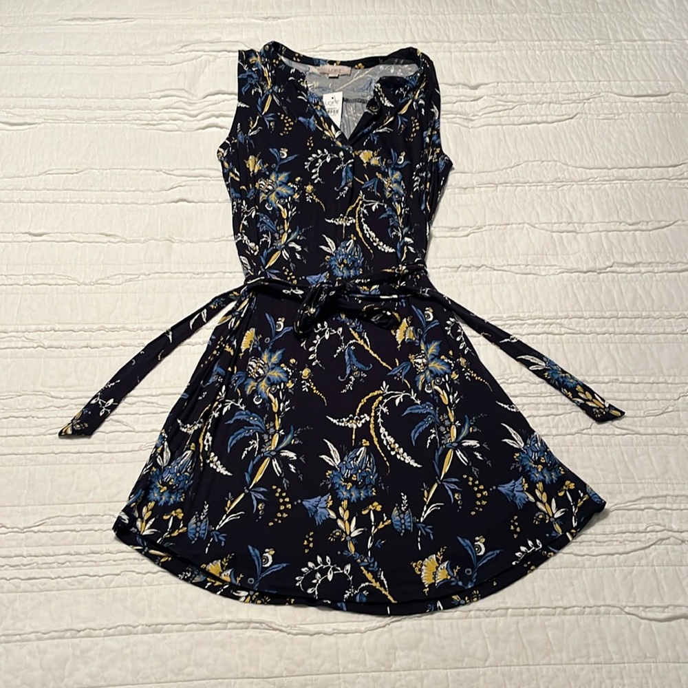 New With Tags Loft Sleeveless Tie Floral Blue, Yellow & White Dress - Size Small